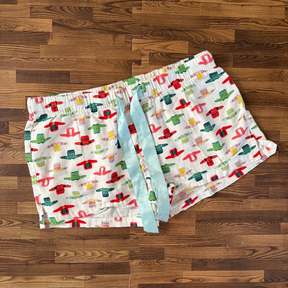 Old Navy Colorful Ugly Christmas Sweater Shorts with Blue Drawstring Medium